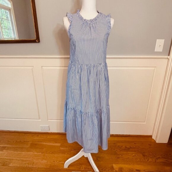 J. Crew Factory Tiered Ruffle Blue & White Stripe Midi Sundress 2 - Picture 3 of 7